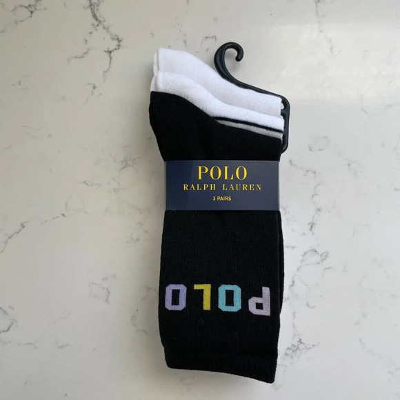 Polo Ralph Lauren 3 Pairs Polyester Spdex Socks Blk Wht Multi Color Logo OS NWT - Picture 7 of 7